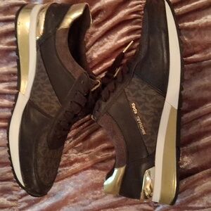 Michael Kors Women's Dark Brown Sneakers with Gold Accents
